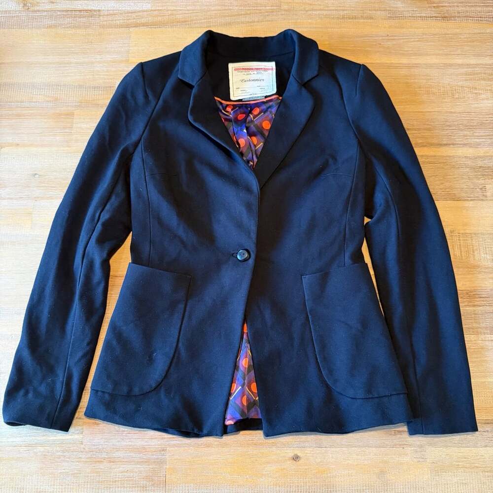 Anthropologie Cartonnier Black Blazer Jacket 4 Single Button Geometric Dot Lined